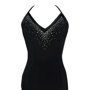 Vintage Caché black rhinestone halter goth mermaid gown size XS